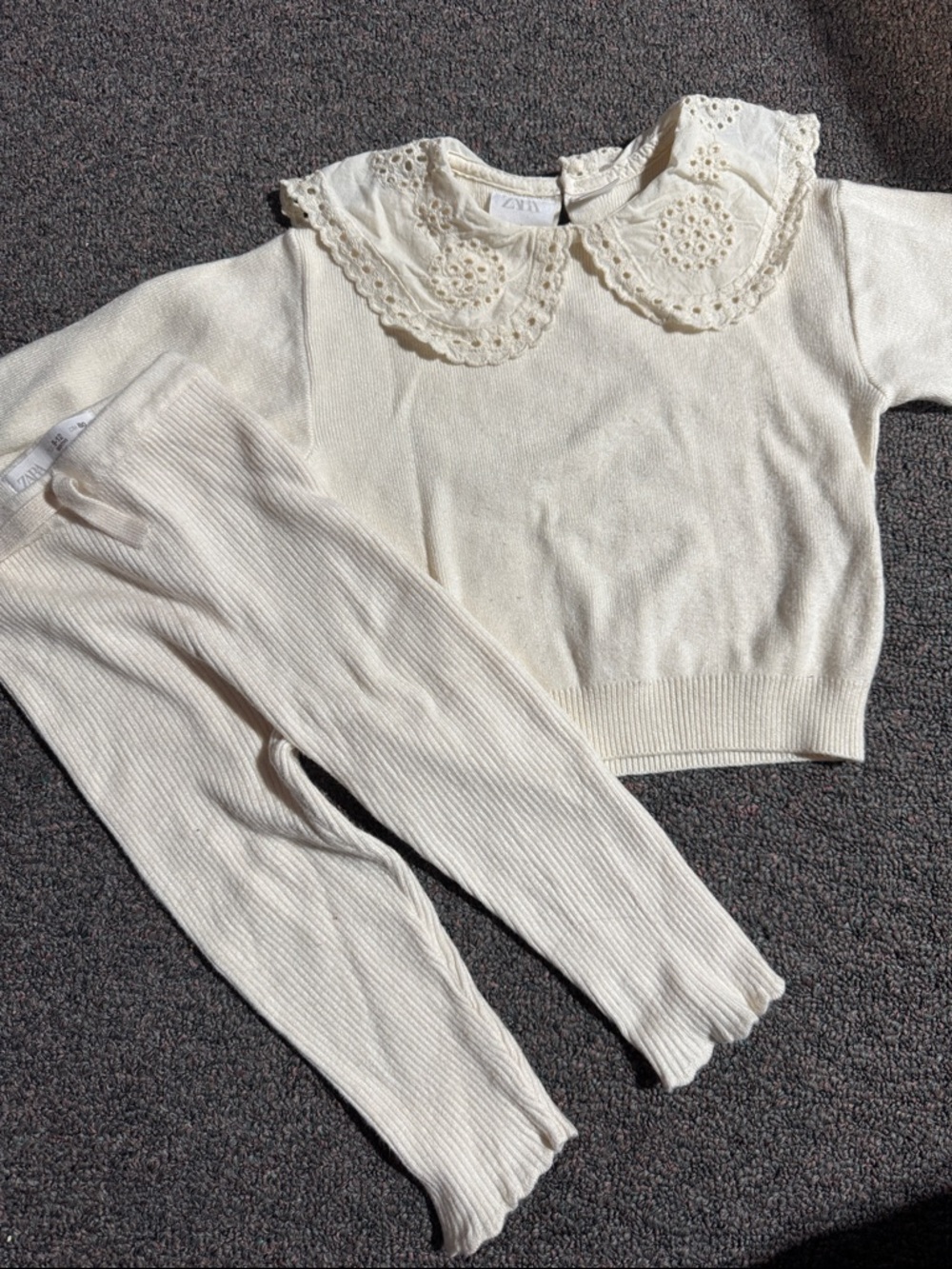 Zara Cream Lace-Collar Knit Top with Ribbed Leggings